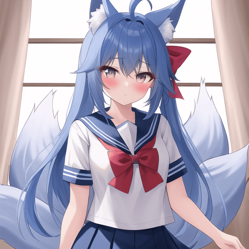 00189-1066675082-(ahri_1.05), neon lights, v, blue hair, ahoge, hair bow, looking at viewer, 1girl, fox ears, sailor collar, school uniform, blus